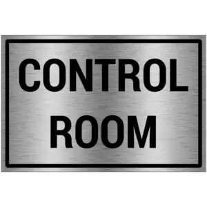 Control room bord - brushed aluminium materiaal - grijs zwart - met Engelse tekst control room - rechthoek