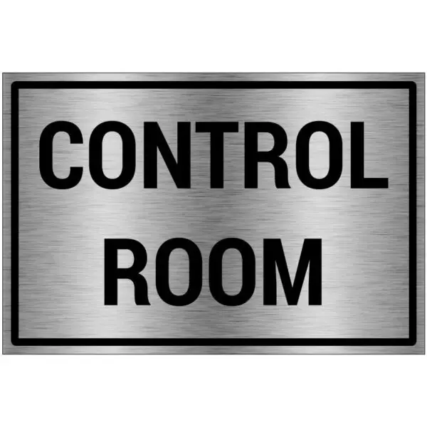 Control room bord - brushed aluminium materiaal - grijs zwart - met Engelse tekst control room - rechthoek