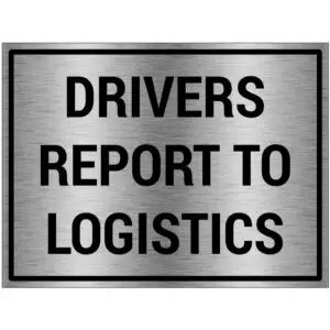 Drivers report here bord - brushed aluminium materiaal - grijs zwart - met Engelse tekst drivers report here - rechthoek
