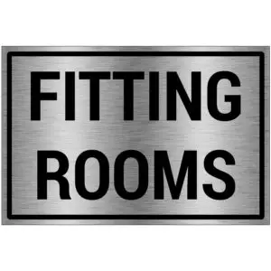 Fitting rooms bord - brushed aluminium materiaal - grijs zwart - met Engelse tekst fitting rooms - rechthoek