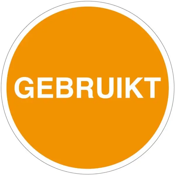 Gebruikt sticker met tekst - oranje wit- rond - zelfklevende folie