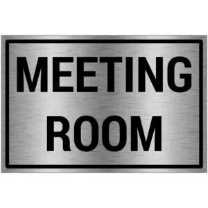 Meeting room bord - brushed aluminium materiaal - grijs zwart - met Engelse tekst meeting room - rechthoek