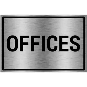 Offices bord - brushed aluminium materiaal - grijs zwart - met Engelse tekst offices - rechthoek