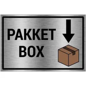 Pakketbox bord - brushed aluminium materiaal - grijs zwart - met Engelse tekst pakketbox en doos pictogram met pijl naar beneden - rechthoek