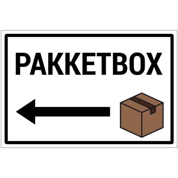 Pakketbox bord - dibond materiaal - wit zwart - met doos pictogram en pijl naar links met tekst pakketbox - rechthoek