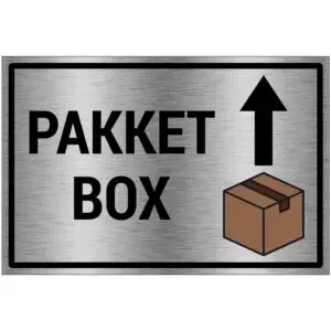 Pakketbox rechtdoor bord - brushed aluminium materiaal - grijs zwart - met Engelse tekst pakketbox en doos pictogram met pijl rechtdoor - rechthoek