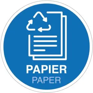 Papier afval sticker - rond - blauw wit - tweetalig - symbool papier paper - zelfklevende folie