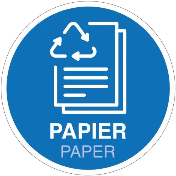 Papier afval sticker - rond - blauw wit - tweetalig - symbool papier paper - zelfklevende folie