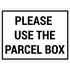 Please use the parcel box bord - dibond materiaal - wit zwart - met Engelse tekst please use the parcel box - rechthoek