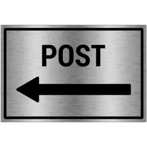 Post links bord - brushed aluminium materiaal - grijs zwart - met Nederlandse tekst post en pijl pictogram naar links - rechthoek
