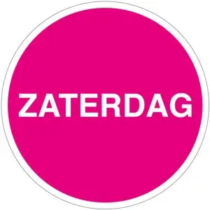 Zaterdag sticker met tekst - roze wit- rond - zelfklevende folie