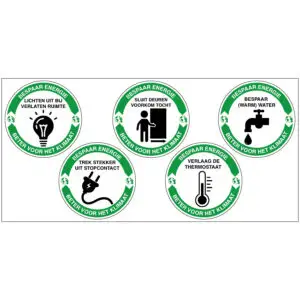 Energie besparen stickervel 5 stickers - lichten deuren water stekker thermostaat - 7,5 cm diameter per sticker - zelfklevende folie