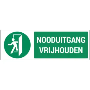Nooduitgang vrijhouden pictogram - groen wit - rechthoekig - symbool persoon bij deur met tekst nooduitgang vrijhouden