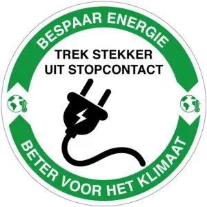 Stekker uit stopcontact energie besparen pictogram - rond - groen wit zwart - symbool stekker met tekst trek stekker uit stopcontact