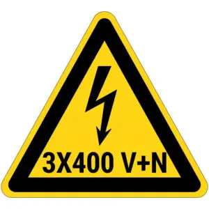 3x400 V+N elektrische spanning gevaar waarschuwingspictogram - geel zwart - driehoekig - symbool bliksem en tekst 3x400 V+N op gele achtergrond