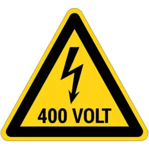 400 volt elektrische spanning gevaar waarschuwingspictogram - geel zwart - driehoekig - symbool bliksem en tekst 400 volt op gele achtergrond
