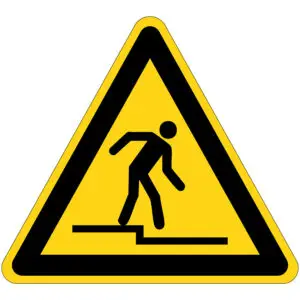 Afstapje gevaar waarschuwingspictogram - W070 - geel zwart - driehoekig - symbool persoon die van trede stapt op gele achtergrond