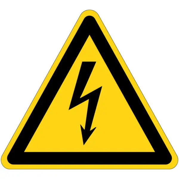 Elektrische spanning gevaar waarschuwingspictogram - W012 - geel zwart - driehoekig - symbool elektriciteit bliksem op gele achtergrond