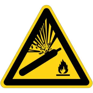 Gasflessen onder druk waarschuwingspictogram - W029 - geel zwart - driehoekig - symbool gasfles explosie en vlam op gele achtergrond