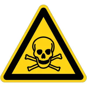 Giftige stoffen gevaar waarschuwingspictogram - W016 - geel zwart - driehoekig - symbool doodshoofd op gele achtergrond