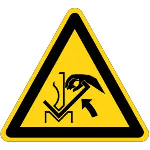 Handverbrijzeling waarschuwingspictogram - W031 - geel zwart - driehoekig - symbool hand tussen machine en pijl op gele achtergrond