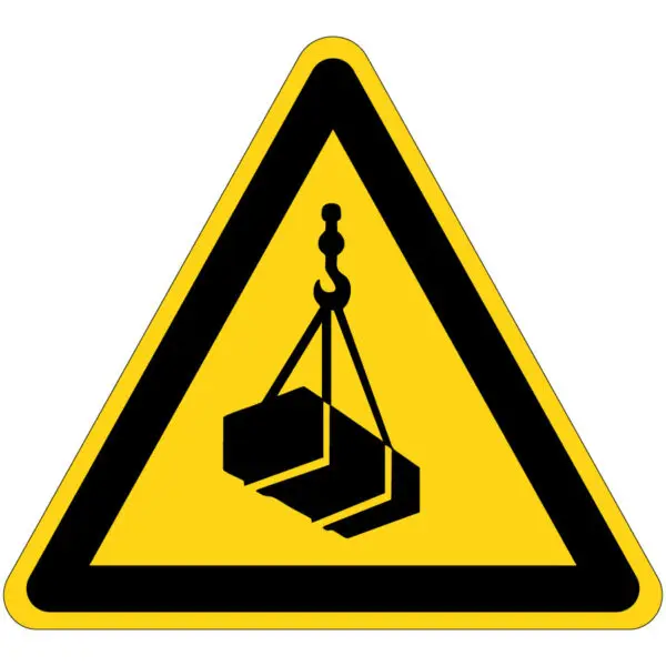 Hangende last gevaar waarschuwingspictogram - W015 - geel zwart - driehoekig - symbool haak met last op gele achtergrond