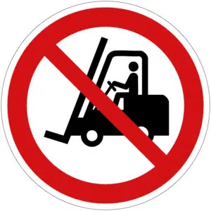 Heftrucks verboden pictogram - P006 - rood wit - rond - symbool heftruck met persoon erop en rode schuine streep