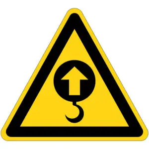 Hijspunt gevaar waarschuwingspictogram - geel zwart - driehoekig - symbool ankerpunt haak en pijl omhoog op gele achtergrond