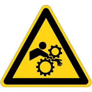 Intrekgevaar waarschuwingspictogram - geel zwart - driehoekig - symbool persoon met arm tussen tandwielen op gele achtergrond