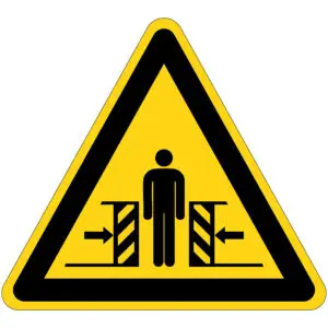 Klemgevaar waarschuwingspictogram - W019 - geel zwart - driehoekig - symbool persoon tussen machine op gele achtergrond
