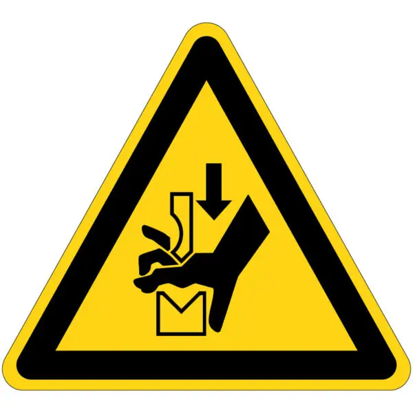 Knelling waarschuwingspictogram - W030 - geel zwart - driehoekig - symbool hand tussen pers en pijl op gele achtergrond