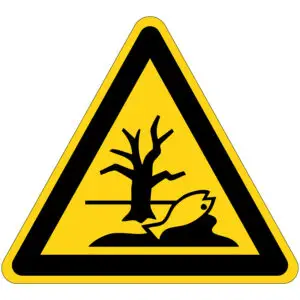 Milieugevaar waarschuwingspictogram - W072 - geel zwart - driehoekig - symbool dode boom en vis op gele achtergrond