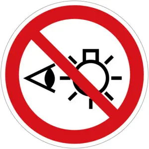 Niet in licht kijken verbodspictogram - P075 - rood wit - rond - symbool oog en lamp met rode schuine streep