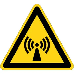 Niet ioniserende straling gevaar waarschuwingspictogram - W005 - geel zwart - driehoekig - symbool niet ioniserende straling op gele achtergrond