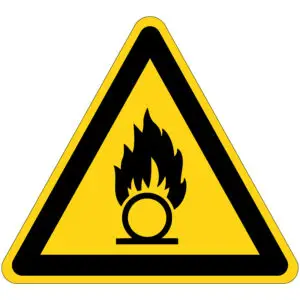 Oxiderende stoffen waarschuwingspictogram - W028 - geel zwart - driehoekig - symbool vlam en cirkel op gele achtergrond