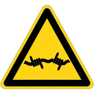 Prikkeldraad waarschuwingspictogram - W033 - geel zwart - driehoekig - symbool prikkeldraad op gele achtergrond