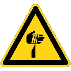 Scherpe punt gevaar waarschuwingspictogram - W022 - geel zwart - driehoekig - symbool hand en scherpe punt op gele achtergrond