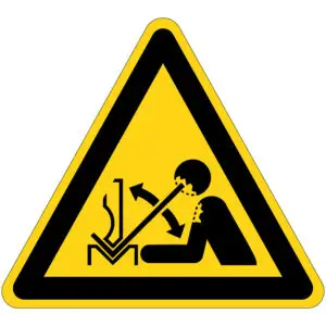 Snel bewegende machine waarschuwingspictogram - W032 - geel zwart - driehoekig - symbool persoon bij machine en pijlen op gele achtergrond