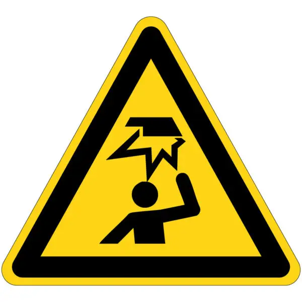 Stootgevaar waarschuwingspictogram - W020 - geel zwart - driehoekig - symbool persoon die hoofd stoot op gele achtergrond