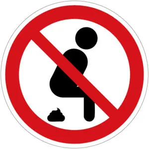 Verboden te poepen voor mensen verbodspictogram - rood wit - rond - symbool poepend persoon met rode schuine streep