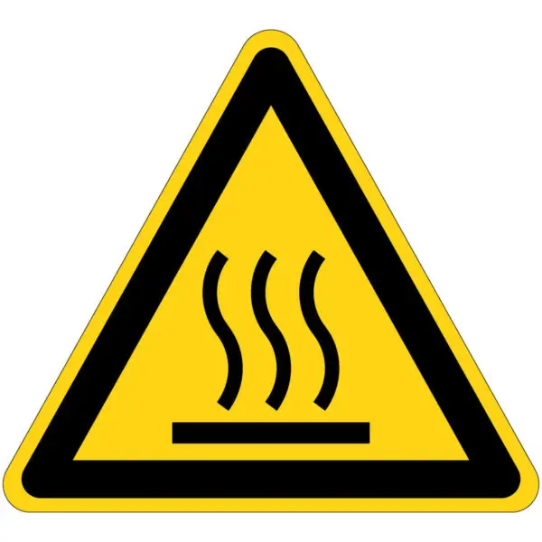 Warm oppervlak gevaar waarschuwingspictogram - W017 - geel zwart - driehoekig - symbool heet oppervlak op gele achtergrond