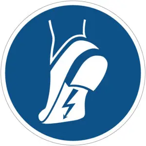 Antistatische schoenen gebruiken verplicht gebodspictogram - M032 - blauw wit - rond - symbool schoen met bliksemschicht met blauwe achtergrond