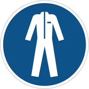 Beschermende kleding verplicht gebodspictogram - M010 - blauw wit - rond - symbool werkoverall met blauwe achtergrond