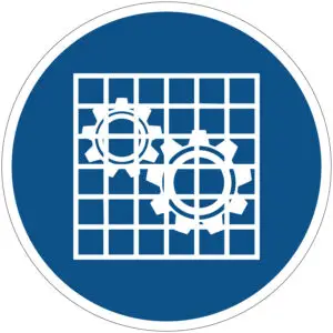 Bescherming controleren verplicht gebodspictogram - M027 - blauw wit - rond - symbool twee tandwielen achter een hek met blauwe achtergrond