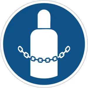 Gasflessen vastmaken gebodspictogram - M046 - blauw wit - rond - symbool gasfles met ketting ervoor met blauwe achtergrond