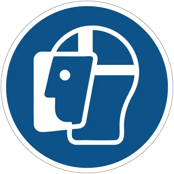 Gelaatsscherm verplicht gebodspictogram - M013 - blauw wit - rond - symbool persoon met gelaatsscherm op met blauwe achtergrond