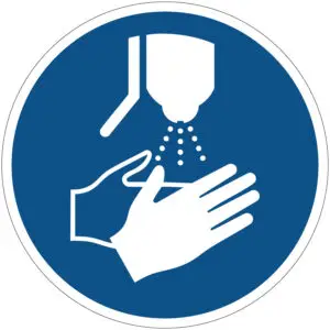 Handen desinfecteren gebodspictogram - M061 - blauw wit - rond - symbool desinfectie apparaat en handen waar vloeistof op komt met blauwe achtergrond