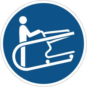 Winkelwagen vasthouden gebodspictogram - M060 - blauw wit - rond - symbool persoon met winkelkar op roltrap met blauwe achtergrond