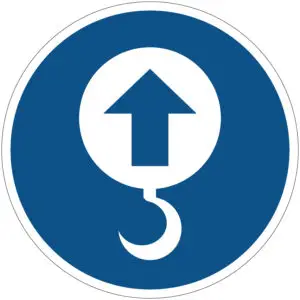 Lasthaak verplicht gebodspictogram - blauw wit - rond - symbool kraanhaak met pijl omhoog met blauwe achtergrond