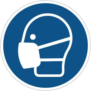 Mondkapje verplicht gebodspictogram - M016 - blauw wit - rond - symbool persoon met mondkapje op met blauwe achtergrond